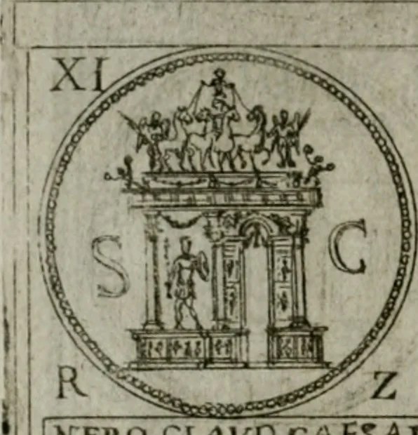 An illustration from Discorsi del S. Don Antonio Agostini sopra le medaglie et altre anticaglie divisi in XI dialoghi : tradotti dalla lingua spagnuola nell'italiana con l'aggiunta di molti ritratti di belle, et rare medaglie .., 1592, leaf 63