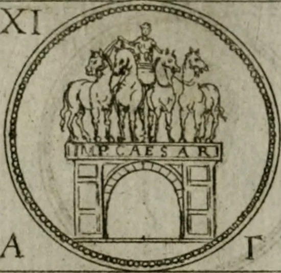 An illustration from Discorsi del S. Don Antonio Agostini sopra le medaglie et altre anticaglie divisi in XI dialoghi : tradotti dalla lingua spagnuola nell'italiana con l'aggiunta di molti ritratti di belle, et rare medaglie .., 1592, leaf 63