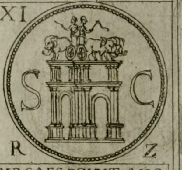 An illustration from Discorsi del S. Don Antonio Agostini sopra le medaglie et altre anticaglie divisi in XI dialoghi : tradotti dalla lingua spagnuola nell'italiana con l'aggiunta di molti ritratti di belle, et rare medaglie .., 1592, leaf 63