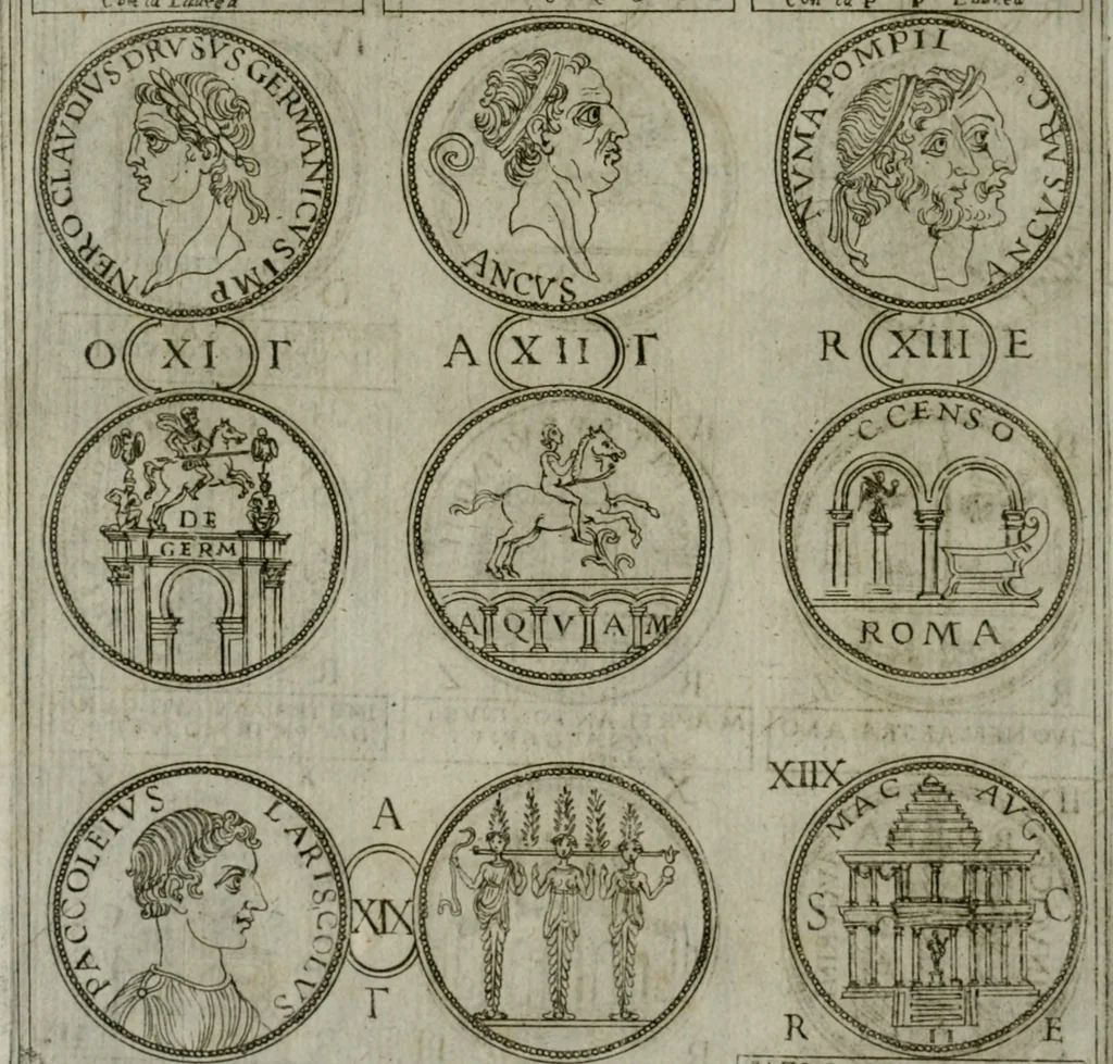 An illustration from Discorsi del S. Don Antonio Agostini sopra le medaglie et altre anticaglie divisi in XI dialoghi : tradotti dalla lingua spagnuola nell'italiana con l'aggiunta di molti ritratti di belle, et rare medaglie .., 1592, leaf 63
