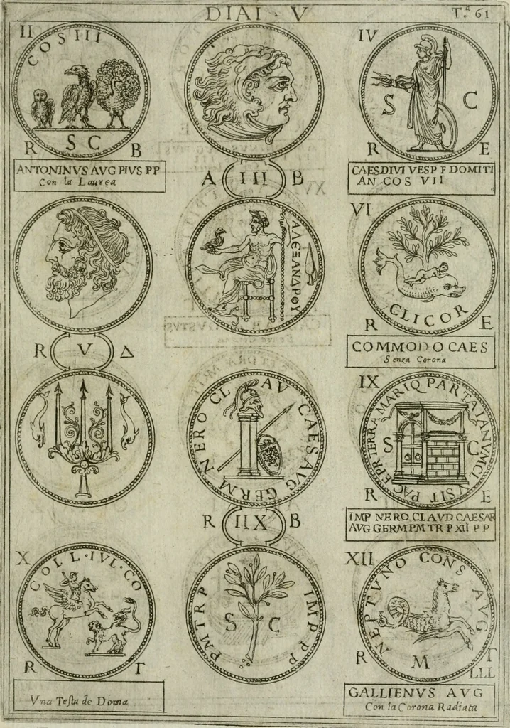 An illustration from Discorsi del S. Don Antonio Agostini sopra le medaglie et altre anticaglie divisi in XI dialoghi : tradotti dalla lingua spagnuola nell'italiana con l'aggiunta di molti ritratti di belle, et rare medaglie .., 1592, leaf 64
