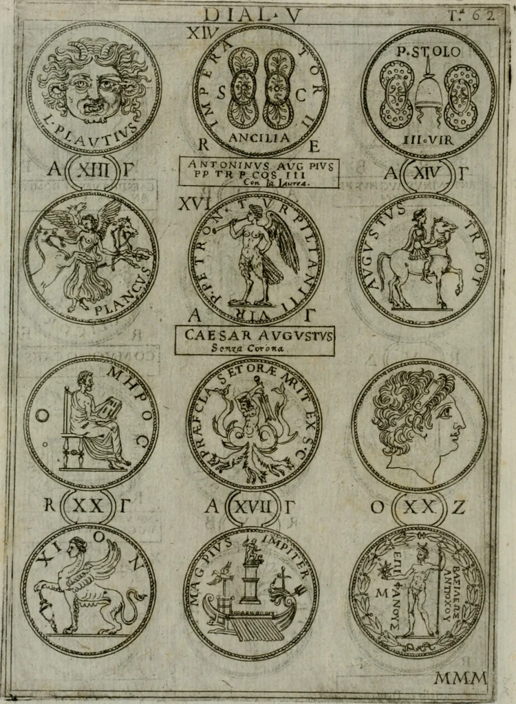 An illustration from Discorsi del S. Don Antonio Agostini sopra le medaglie et altre anticaglie divisi in XI dialoghi : tradotti dalla lingua spagnuola nell'italiana con l'aggiunta di molti ritratti di belle, et rare medaglie .., 1592, leaf 65