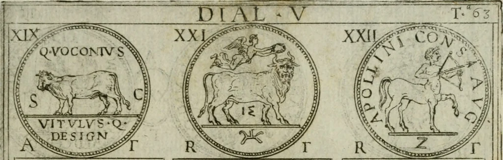 An illustration from Discorsi del S. Don Antonio Agostini sopra le medaglie et altre anticaglie divisi in XI dialoghi : tradotti dalla lingua spagnuola nell'italiana con l'aggiunta di molti ritratti di belle, et rare medaglie .., 1592, leaf 66