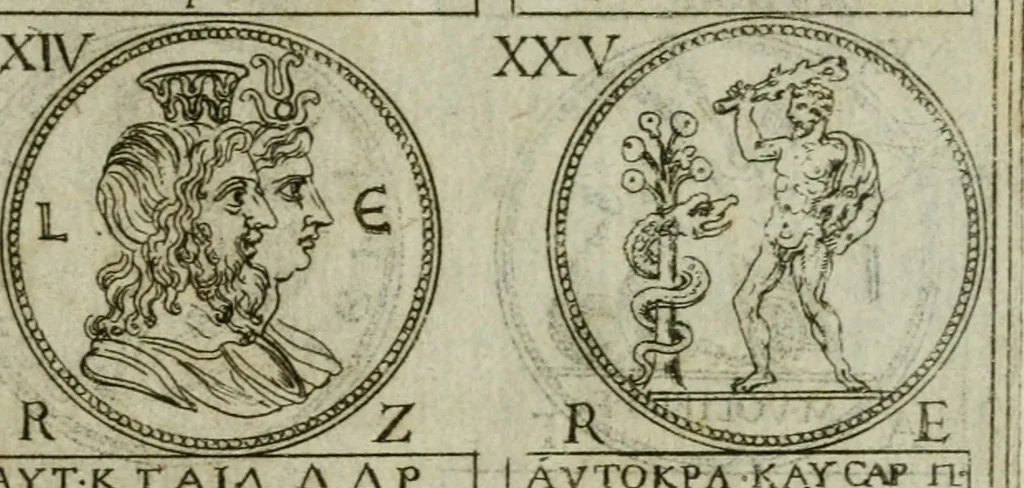 An illustration from Discorsi del S. Don Antonio Agostini sopra le medaglie et altre anticaglie divisi in XI dialoghi : tradotti dalla lingua spagnuola nell'italiana con l'aggiunta di molti ritratti di belle, et rare medaglie .., 1592, leaf 66