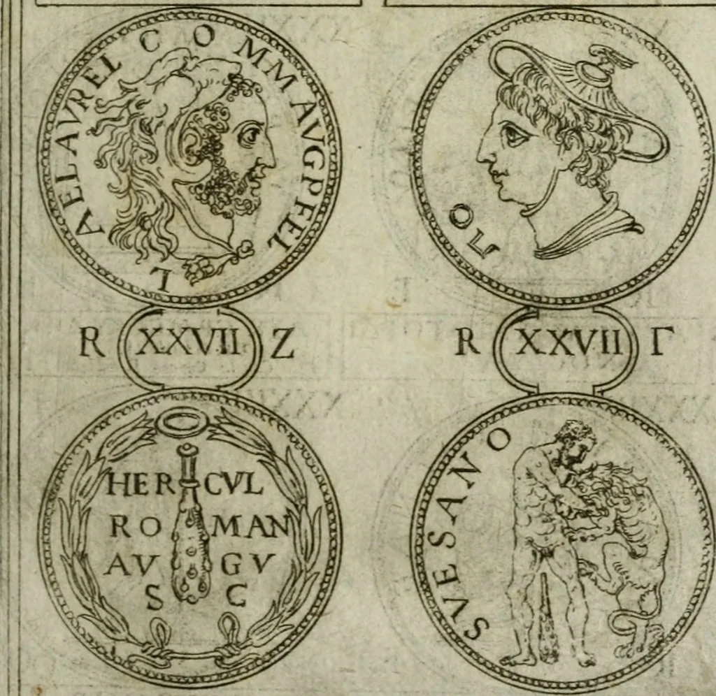 An illustration from Discorsi del S. Don Antonio Agostini sopra le medaglie et altre anticaglie divisi in XI dialoghi : tradotti dalla lingua spagnuola nell'italiana con l'aggiunta di molti ritratti di belle, et rare medaglie .., 1592, leaf 66