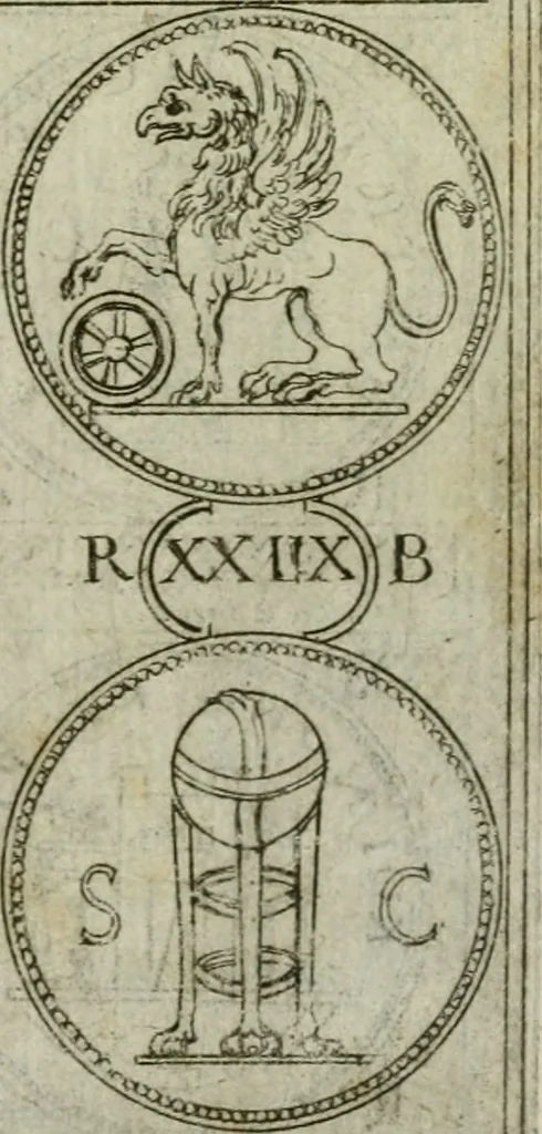 An illustration from Discorsi del S. Don Antonio Agostini sopra le medaglie et altre anticaglie divisi in XI dialoghi : tradotti dalla lingua spagnuola nell'italiana con l'aggiunta di molti ritratti di belle, et rare medaglie .., 1592, leaf 66