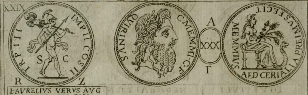 An illustration from Discorsi del S. Don Antonio Agostini sopra le medaglie et altre anticaglie divisi in XI dialoghi : tradotti dalla lingua spagnuola nell'italiana con l'aggiunta di molti ritratti di belle, et rare medaglie .., 1592, leaf 67