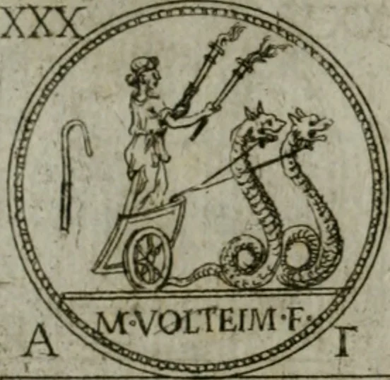 An illustration from Discorsi del S. Don Antonio Agostini sopra le medaglie et altre anticaglie divisi in XI dialoghi : tradotti dalla lingua spagnuola nell'italiana con l'aggiunta di molti ritratti di belle, et rare medaglie .., 1592, leaf 67