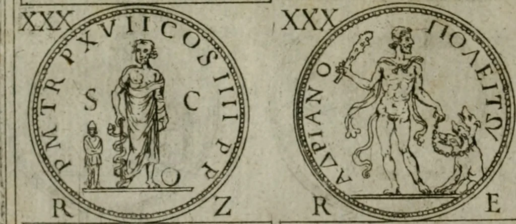 An illustration from Discorsi del S. Don Antonio Agostini sopra le medaglie et altre anticaglie divisi in XI dialoghi : tradotti dalla lingua spagnuola nell'italiana con l'aggiunta di molti ritratti di belle, et rare medaglie .., 1592, leaf 67