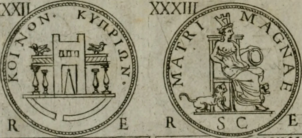 An illustration from Discorsi del S. Don Antonio Agostini sopra le medaglie et altre anticaglie divisi in XI dialoghi : tradotti dalla lingua spagnuola nell'italiana con l'aggiunta di molti ritratti di belle, et rare medaglie .., 1592, leaf 67