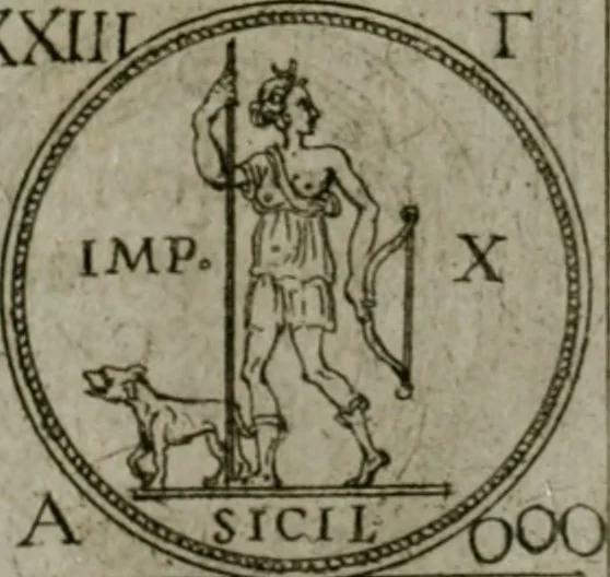 An illustration from Discorsi del S. Don Antonio Agostini sopra le medaglie et altre anticaglie divisi in XI dialoghi : tradotti dalla lingua spagnuola nell'italiana con l'aggiunta di molti ritratti di belle, et rare medaglie .., 1592, leaf 67