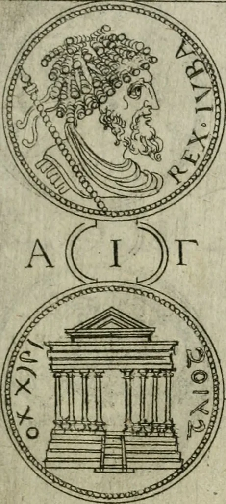 An illustration from Discorsi del S. Don Antonio Agostini sopra le medaglie et altre anticaglie divisi in XI dialoghi : tradotti dalla lingua spagnuola nell'italiana con l'aggiunta di molti ritratti di belle, et rare medaglie .., 1592, leaf 68