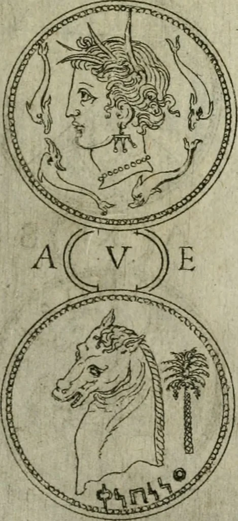 An illustration from Discorsi del S. Don Antonio Agostini sopra le medaglie et altre anticaglie divisi in XI dialoghi : tradotti dalla lingua spagnuola nell'italiana con l'aggiunta di molti ritratti di belle, et rare medaglie .., 1592, leaf 68