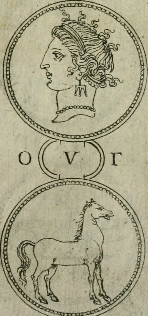 An illustration from Discorsi del S. Don Antonio Agostini sopra le medaglie et altre anticaglie divisi in XI dialoghi : tradotti dalla lingua spagnuola nell'italiana con l'aggiunta di molti ritratti di belle, et rare medaglie .., 1592, leaf 68