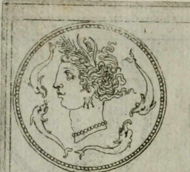 An illustration from Discorsi del S. Don Antonio Agostini sopra le medaglie et altre anticaglie divisi in XI dialoghi : tradotti dalla lingua spagnuola nell'italiana con l'aggiunta di molti ritratti di belle, et rare medaglie .., 1592, leaf 69