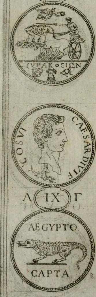 An illustration from Discorsi del S. Don Antonio Agostini sopra le medaglie et altre anticaglie divisi in XI dialoghi : tradotti dalla lingua spagnuola nell'italiana con l'aggiunta di molti ritratti di belle, et rare medaglie .., 1592, leaf 69