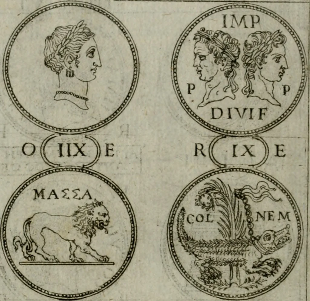 An illustration from Discorsi del S. Don Antonio Agostini sopra le medaglie et altre anticaglie divisi in XI dialoghi : tradotti dalla lingua spagnuola nell'italiana con l'aggiunta di molti ritratti di belle, et rare medaglie .., 1592, leaf 69