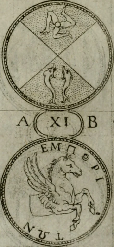 An illustration from Discorsi del S. Don Antonio Agostini sopra le medaglie et altre anticaglie divisi in XI dialoghi : tradotti dalla lingua spagnuola nell'italiana con l'aggiunta di molti ritratti di belle, et rare medaglie .., 1592, leaf 69