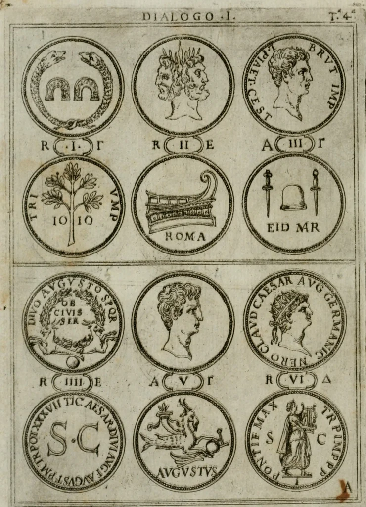 An illustration from Discorsi del S. Don Antonio Agostini sopra le medaglie et altre anticaglie divisi in XI dialoghi : tradotti dalla lingua spagnuola nell'italiana con l'aggiunta di molti ritratti di belle, et rare medaglie .., 1592, leaf 7