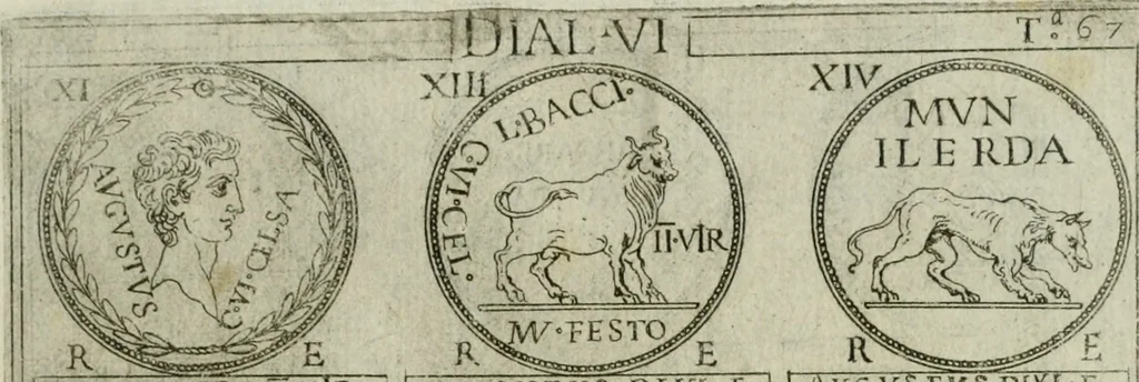 An illustration from Discorsi del S. Don Antonio Agostini sopra le medaglie et altre anticaglie divisi in XI dialoghi : tradotti dalla lingua spagnuola nell'italiana con l'aggiunta di molti ritratti di belle, et rare medaglie .., 1592, leaf 70