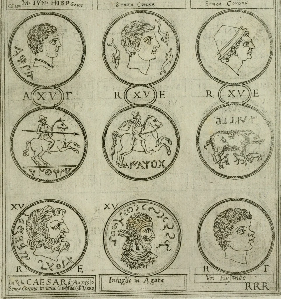 An illustration from Discorsi del S. Don Antonio Agostini sopra le medaglie et altre anticaglie divisi in XI dialoghi : tradotti dalla lingua spagnuola nell'italiana con l'aggiunta di molti ritratti di belle, et rare medaglie .., 1592, leaf 70