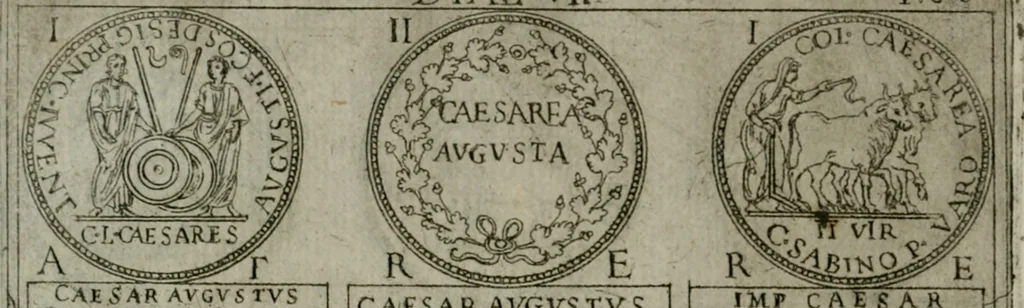 An illustration from Discorsi del S. Don Antonio Agostini sopra le medaglie et altre anticaglie divisi in XI dialoghi : tradotti dalla lingua spagnuola nell'italiana con l'aggiunta di molti ritratti di belle, et rare medaglie .., 1592, leaf 71
