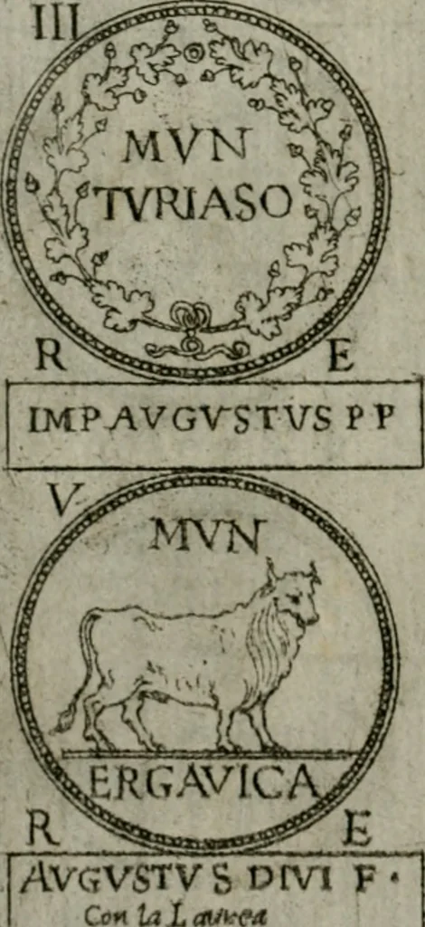 An illustration from Discorsi del S. Don Antonio Agostini sopra le medaglie et altre anticaglie divisi in XI dialoghi : tradotti dalla lingua spagnuola nell'italiana con l'aggiunta di molti ritratti di belle, et rare medaglie .., 1592, leaf 71