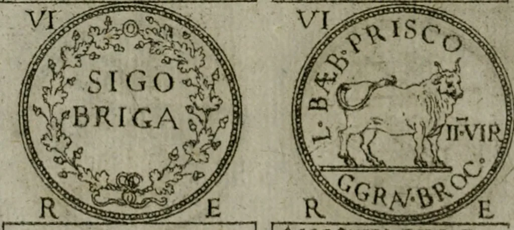 An illustration from Discorsi del S. Don Antonio Agostini sopra le medaglie et altre anticaglie divisi in XI dialoghi : tradotti dalla lingua spagnuola nell'italiana con l'aggiunta di molti ritratti di belle, et rare medaglie .., 1592, leaf 71
