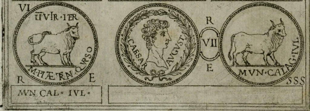 An illustration from Discorsi del S. Don Antonio Agostini sopra le medaglie et altre anticaglie divisi in XI dialoghi : tradotti dalla lingua spagnuola nell'italiana con l'aggiunta di molti ritratti di belle, et rare medaglie .., 1592, leaf 71