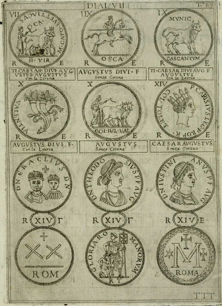 An illustration from Discorsi del S. Don Antonio Agostini sopra le medaglie et altre anticaglie divisi in XI dialoghi : tradotti dalla lingua spagnuola nell'italiana con l'aggiunta di molti ritratti di belle, et rare medaglie .., 1592, leaf 72