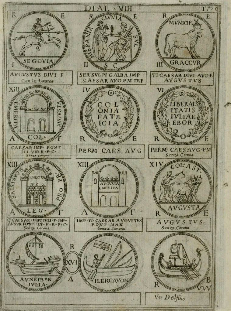 An illustration from Discorsi del S. Don Antonio Agostini sopra le medaglie et altre anticaglie divisi in XI dialoghi : tradotti dalla lingua spagnuola nell'italiana con l'aggiunta di molti ritratti di belle, et rare medaglie .., 1592, leaf 73