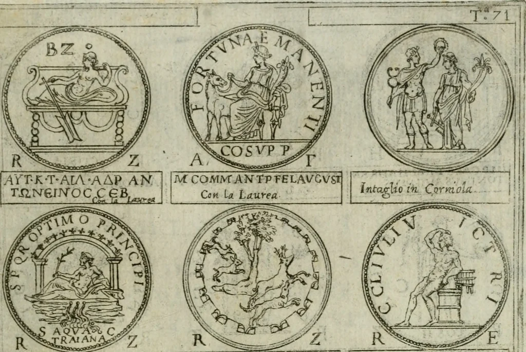 An illustration from Discorsi del S. Don Antonio Agostini sopra le medaglie et altre anticaglie divisi in XI dialoghi : tradotti dalla lingua spagnuola nell'italiana con l'aggiunta di molti ritratti di belle, et rare medaglie .., 1592, leaf 74