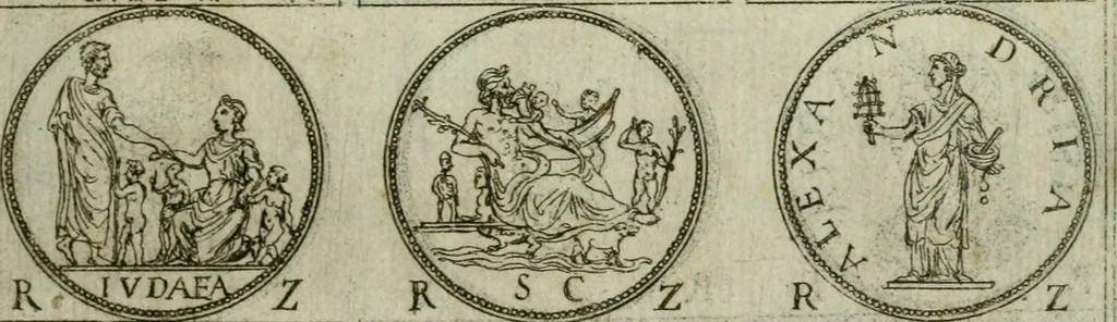 An illustration from Discorsi del S. Don Antonio Agostini sopra le medaglie et altre anticaglie divisi in XI dialoghi : tradotti dalla lingua spagnuola nell'italiana con l'aggiunta di molti ritratti di belle, et rare medaglie .., 1592, leaf 74