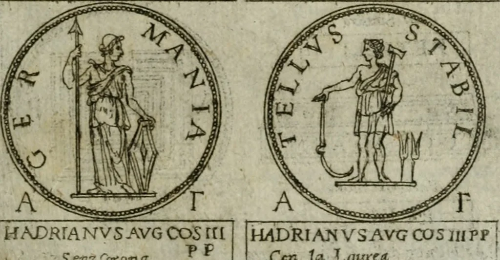 An illustration from Discorsi del S. Don Antonio Agostini sopra le medaglie et altre anticaglie divisi in XI dialoghi : tradotti dalla lingua spagnuola nell'italiana con l'aggiunta di molti ritratti di belle, et rare medaglie .., 1592, leaf 74