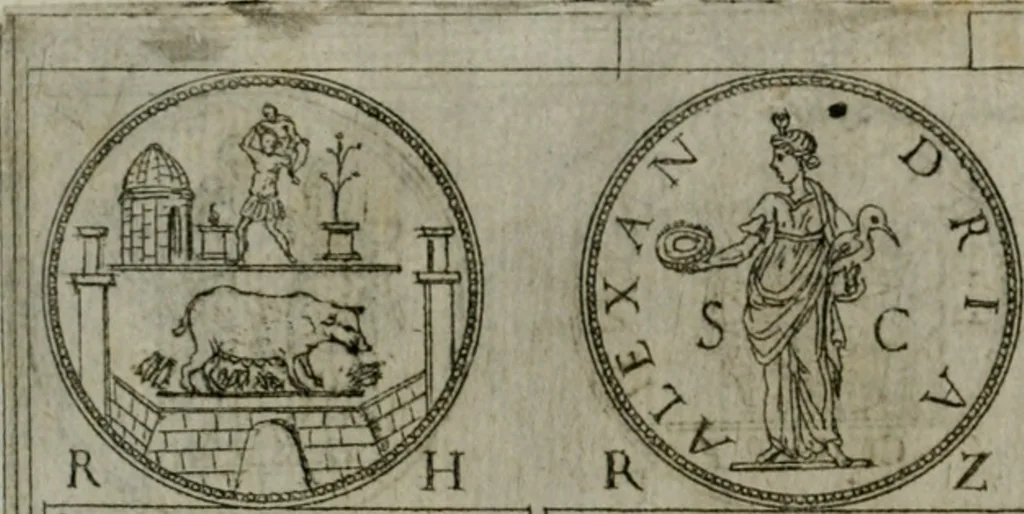 An illustration from Discorsi del S. Don Antonio Agostini sopra le medaglie et altre anticaglie divisi in XI dialoghi : tradotti dalla lingua spagnuola nell'italiana con l'aggiunta di molti ritratti di belle, et rare medaglie .., 1592, leaf 75
