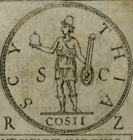 An illustration from Discorsi del S. Don Antonio Agostini sopra le medaglie et altre anticaglie divisi in XI dialoghi : tradotti dalla lingua spagnuola nell'italiana con l'aggiunta di molti ritratti di belle, et rare medaglie .., 1592, leaf 75