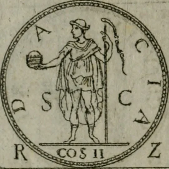 An illustration from Discorsi del S. Don Antonio Agostini sopra le medaglie et altre anticaglie divisi in XI dialoghi : tradotti dalla lingua spagnuola nell'italiana con l'aggiunta di molti ritratti di belle, et rare medaglie .., 1592, leaf 75