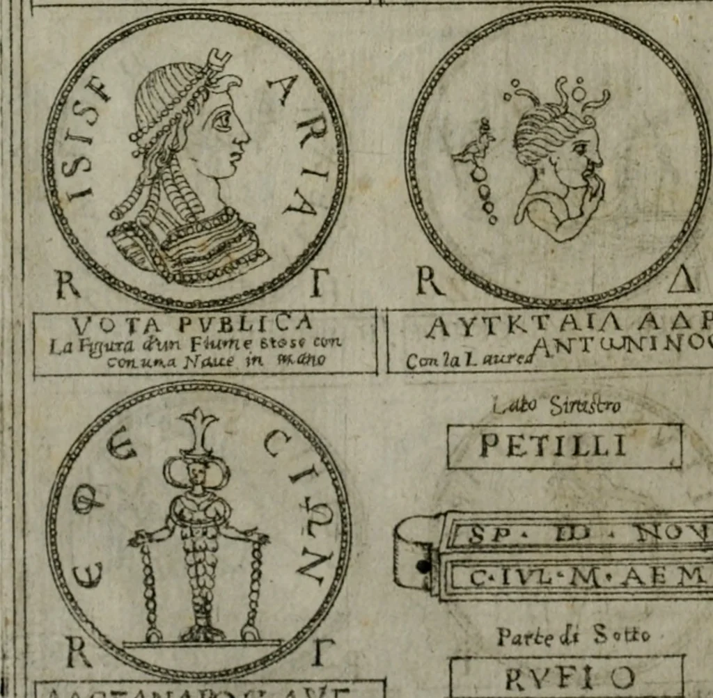 An illustration from Discorsi del S. Don Antonio Agostini sopra le medaglie et altre anticaglie divisi in XI dialoghi : tradotti dalla lingua spagnuola nell'italiana con l'aggiunta di molti ritratti di belle, et rare medaglie .., 1592, leaf 75