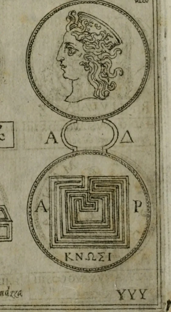 An illustration from Discorsi del S. Don Antonio Agostini sopra le medaglie et altre anticaglie divisi in XI dialoghi : tradotti dalla lingua spagnuola nell'italiana con l'aggiunta di molti ritratti di belle, et rare medaglie .., 1592, leaf 75