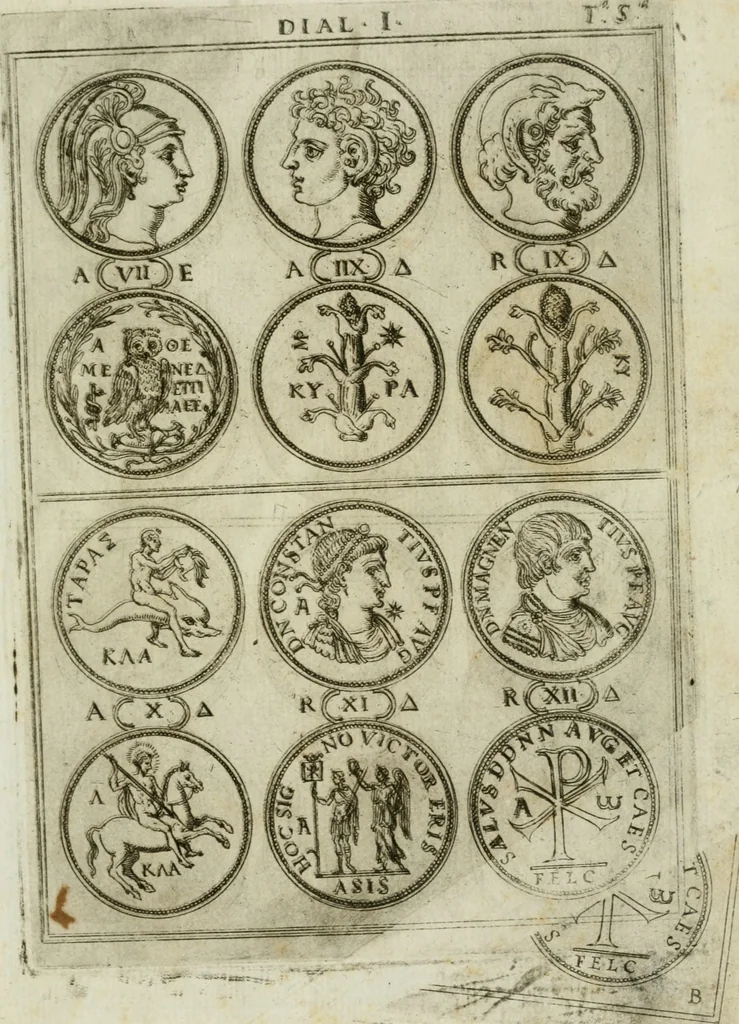 An illustration from Discorsi del S. Don Antonio Agostini sopra le medaglie et altre anticaglie divisi in XI dialoghi : tradotti dalla lingua spagnuola nell'italiana con l'aggiunta di molti ritratti di belle, et rare medaglie .., 1592, leaf 8