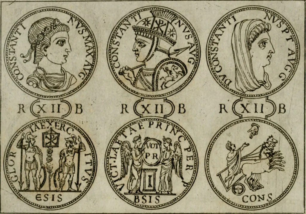 An illustration from Discorsi del S. Don Antonio Agostini sopra le medaglie et altre anticaglie divisi in XI dialoghi : tradotti dalla lingua spagnuola nell'italiana con l'aggiunta di molti ritratti di belle, et rare medaglie .., 1592, leaf 9