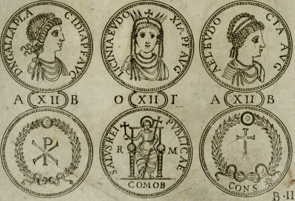 An illustration from Discorsi del S. Don Antonio Agostini sopra le medaglie et altre anticaglie divisi in XI dialoghi : tradotti dalla lingua spagnuola nell'italiana con l'aggiunta di molti ritratti di belle, et rare medaglie .., 1592, leaf 9