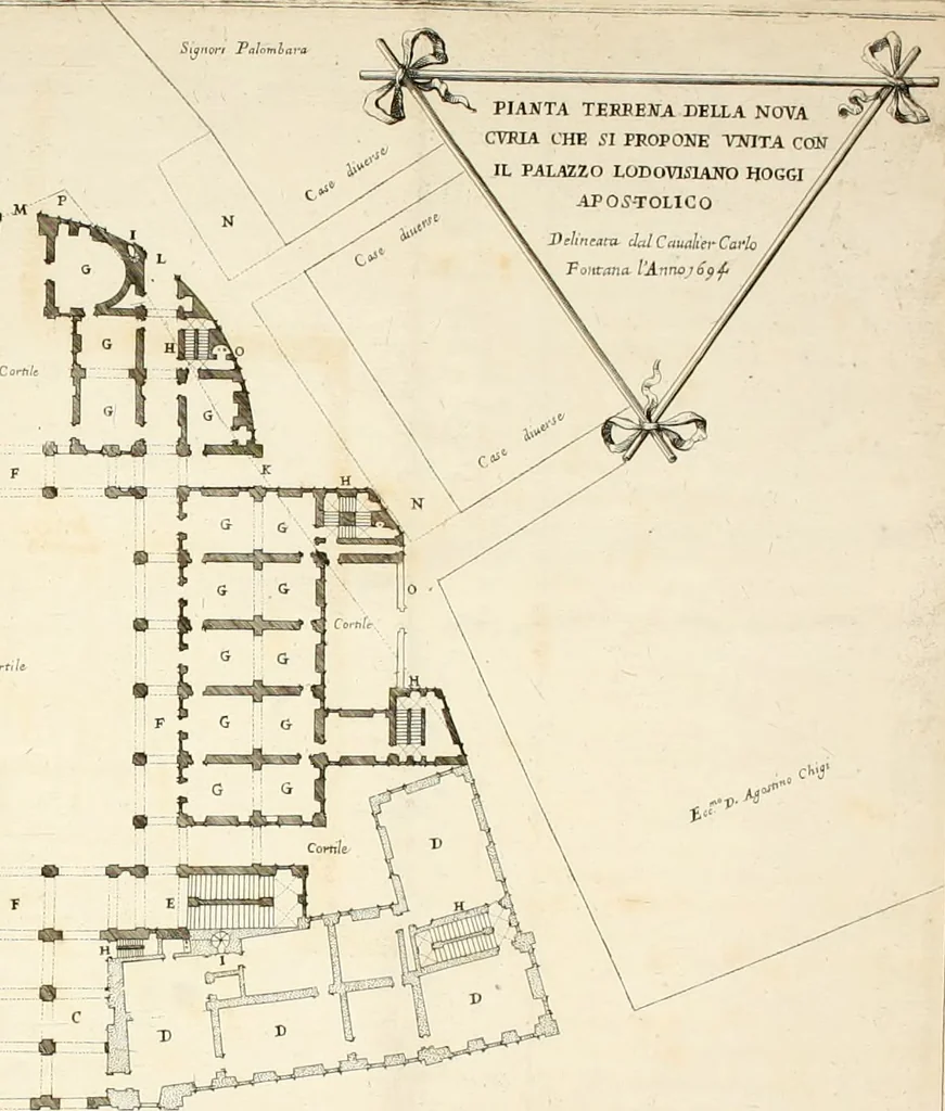 An illustration from Discorso del cavalier Carlo Fontana sopra il Monte Citatorio situato nel Campo Martio, ed altre cose ad esso appartenenti, con disegni tanto degl' antichi, quanto de' moderni edificii della nuova Curia, 1694, leaf 19