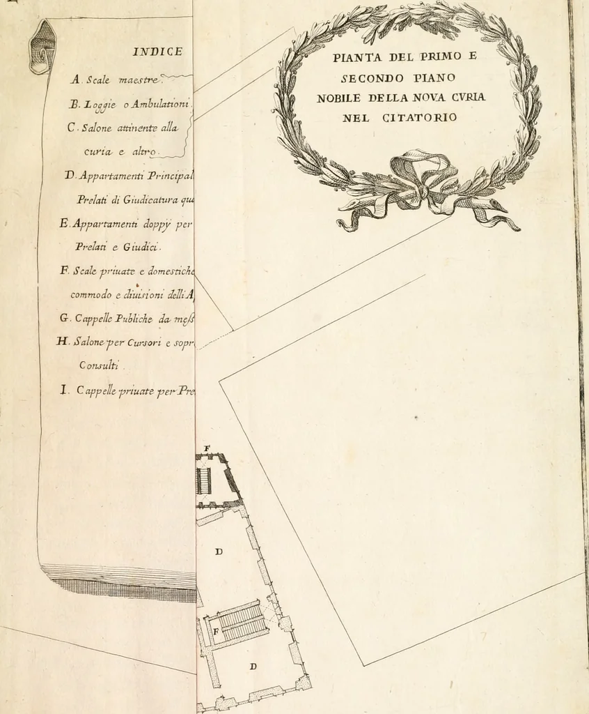 An illustration from Discorso del cavalier Carlo Fontana sopra il Monte Citatorio situato nel Campo Martio, ed altre cose ad esso appartenenti, con disegni tanto degl' antichi, quanto de' moderni edificii della nuova Curia, 1694, leaf 20