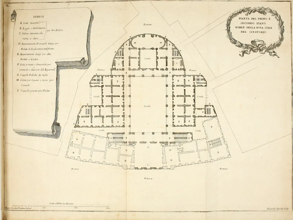 An illustration from Discorso del cavalier Carlo Fontana sopra il Monte Citatorio situato nel Campo Martio, ed altre cose ad esso appartenenti, con disegni tanto degl' antichi, quanto de' moderni edificii della nuova Curia, 1694, leaf 21