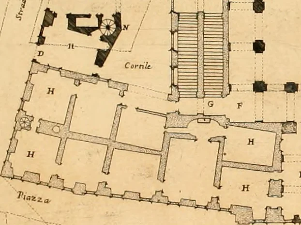 An illustration from Discorso del cavalier Carlo Fontana sopra il Monte Citatorio situato nel Campo Martio, ed altre cose ad esso appartenenti, con disegni tanto degl' antichi, quanto de' moderni edificii della nuova Curia, 1694, leaf 25