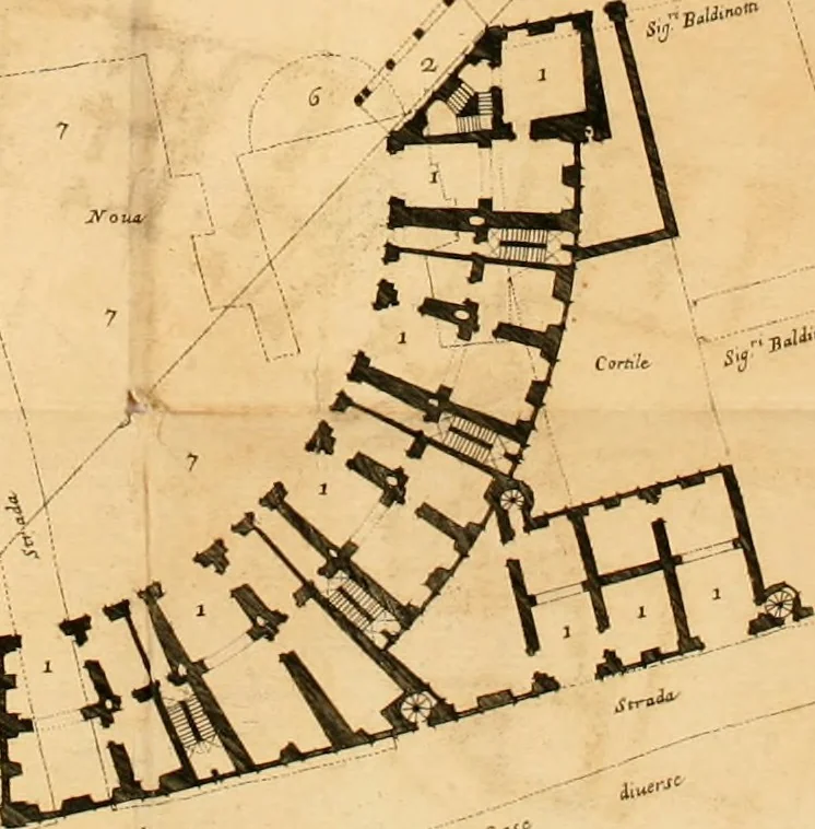An illustration from Discorso del cavalier Carlo Fontana sopra il Monte Citatorio situato nel Campo Martio, ed altre cose ad esso appartenenti, con disegni tanto degl' antichi, quanto de' moderni edificii della nuova Curia, 1694, leaf 25