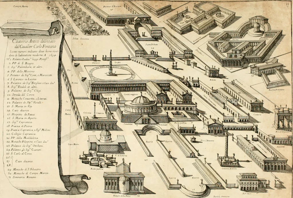 An illustration from Discorso del cavalier Carlo Fontana sopra il Monte Citatorio situato nel Campo Martio, ed altre cose ad esso appartenenti, con disegni tanto degl' antichi, quanto de' moderni edificii della nuova Curia, 1694, leaf 8