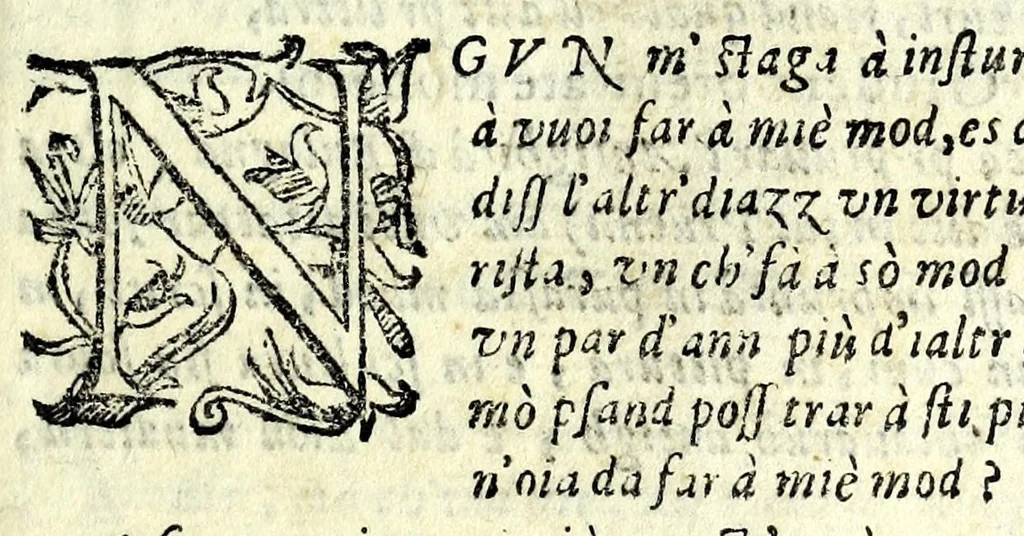 An illustration from Discorso della lingva bolognese : in questa terza impressione arrichito di molte curiosità vtili à signori forastieri : doue si dilucidano intelligenza dell'idioma, academici ritroui, attinenze del studio, vsanze della città, commerzio del trafico, nouelle morali, onoranze di virtuosi, esercizi bellici, trattenimenti popolari, faceti discorsi, cianciumi donneschi, prouerbi dichiarati : bizarro capriccio, 1630, leaf 21