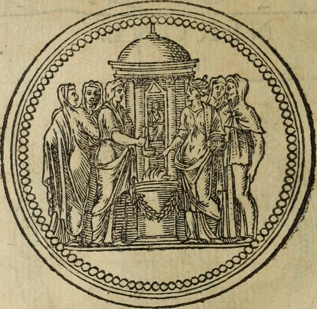 An illustration from Discorso della religione antica de Romani, insieme vn'altro Discorso della castrametatione, et disciplina militare, bagni, & essercitij antichi di detti Romani;, 1569, leaf 219